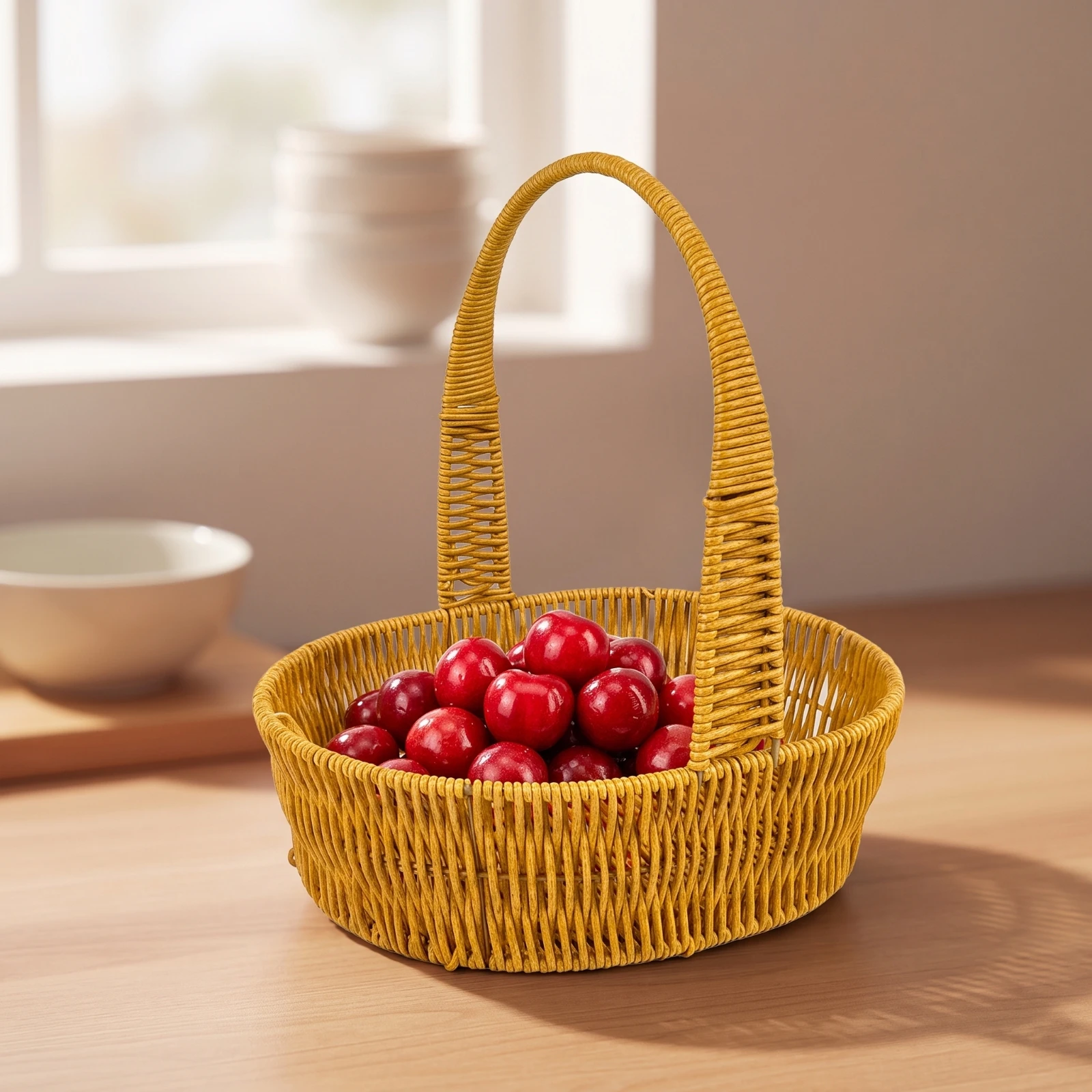 Fruit Basket with Handle Farmhouse Style Wicker Basket with Handle Shallow Easy to Carry