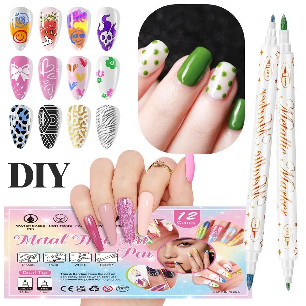 12 Pieces/Set Double-Ended Acrylic Nail Graffiti Pens, 12-Color Nail Markers, DIY 3D Nail Art Drawing Pens, Abstract Line Nail Art Tools, Painting Outline Pens