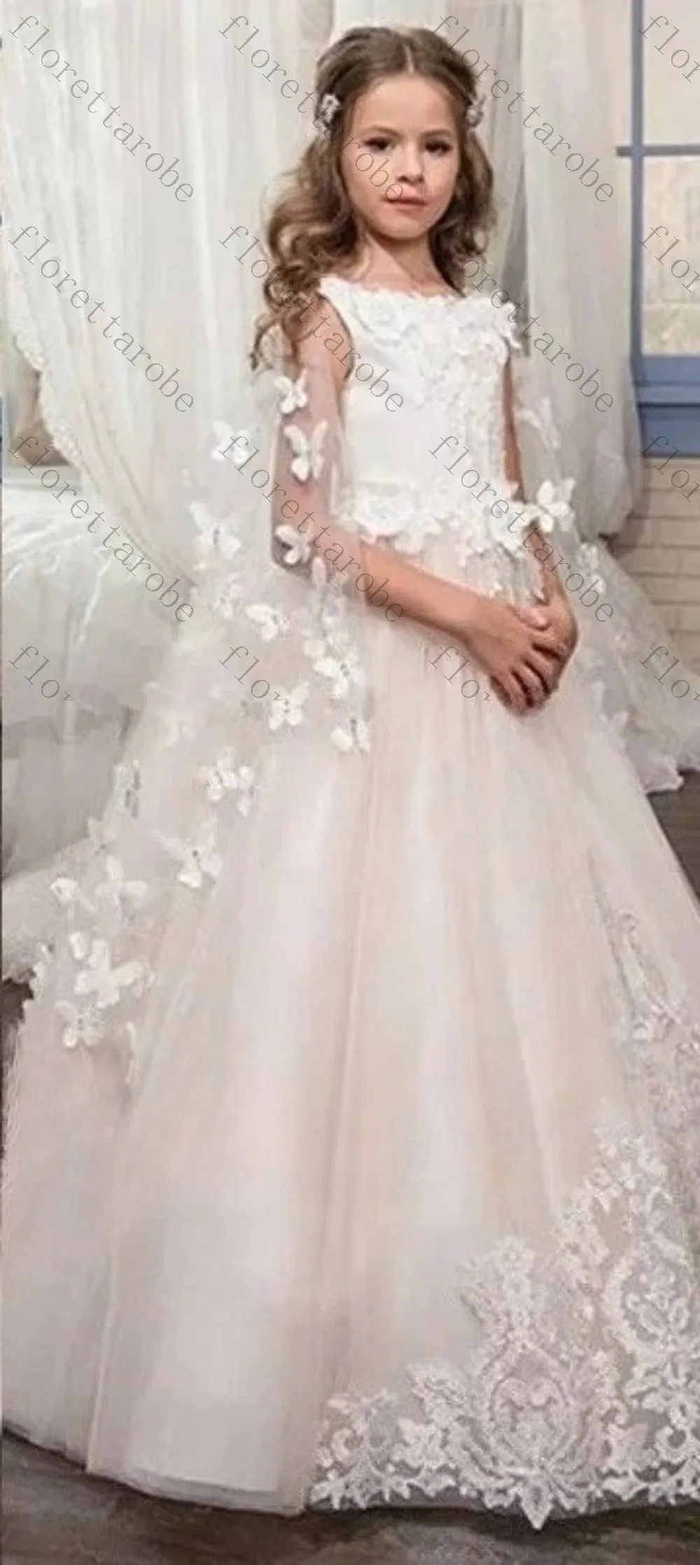 Customized Ivory Sleeveless Kids Flower Girl Gown Detachable 3D Butterfly Tulle Sleeve Lace Applique for Wedding Birthday Party