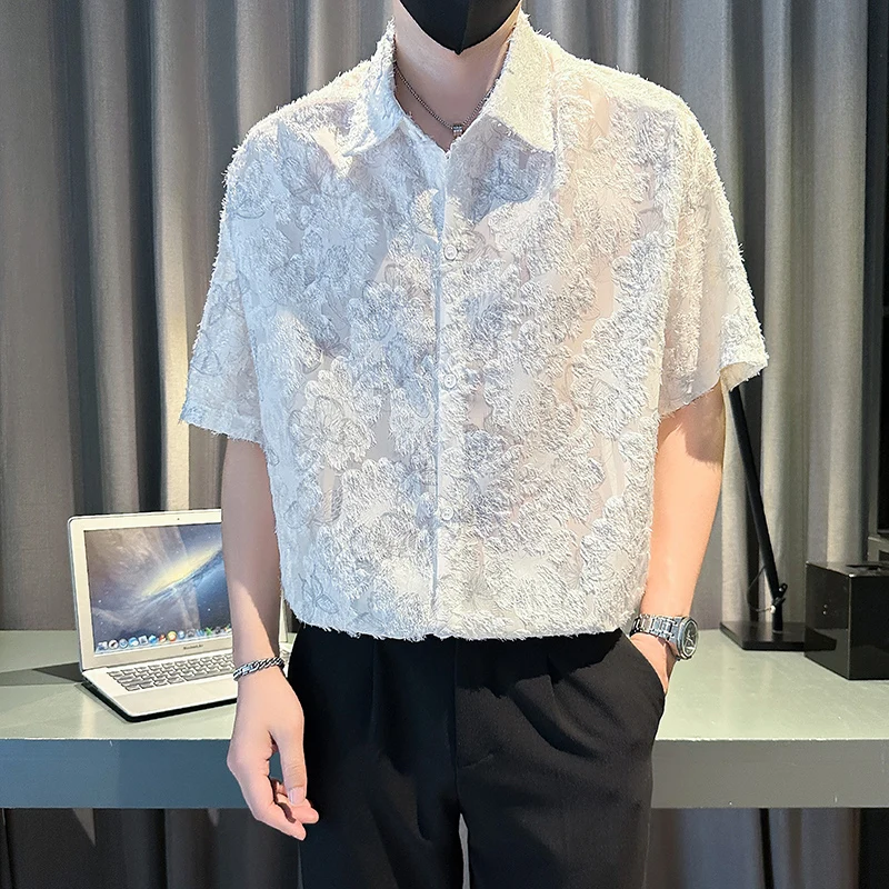 

Мужские жаккардовые рубашки с короткими рукавами и бабочками, летняя сетчатая прозрачная мужская рубашка с цветочным принтом, вечерние, сценические, танцевальные, красивая мужская одежда