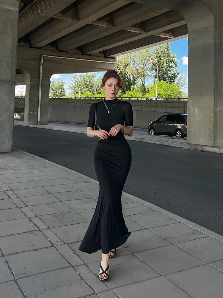 

Sexy Long Dr Le Palais Vintage Bla Elastic Waist Fi Tail Hollow out Waist Exposure Sensual Gown for Women Summer 2023