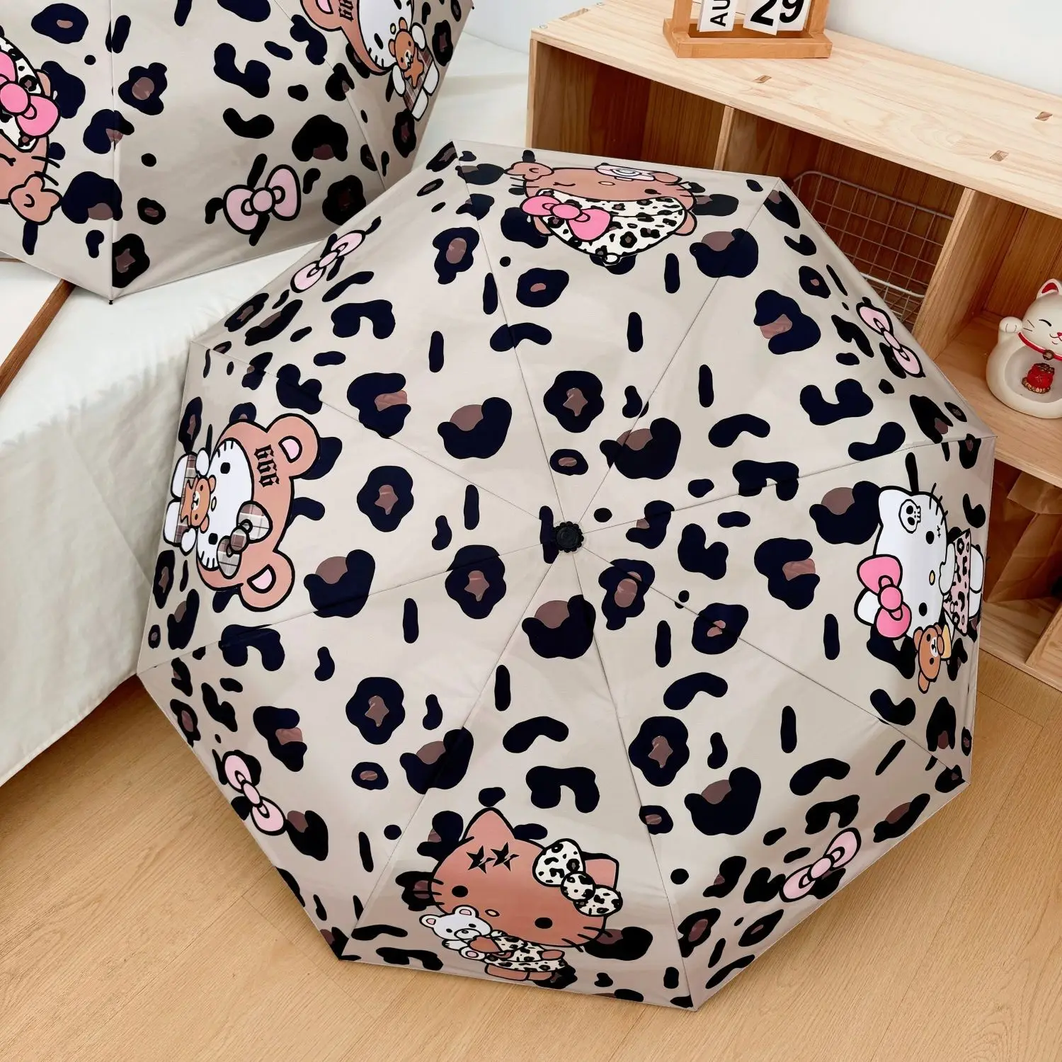 Sanrio Hello Kitty Leopard Pattern Fully Automatic Umbrella Women Black Rubber Sunshade Umbrella New Cute Trend Folding Umbrella