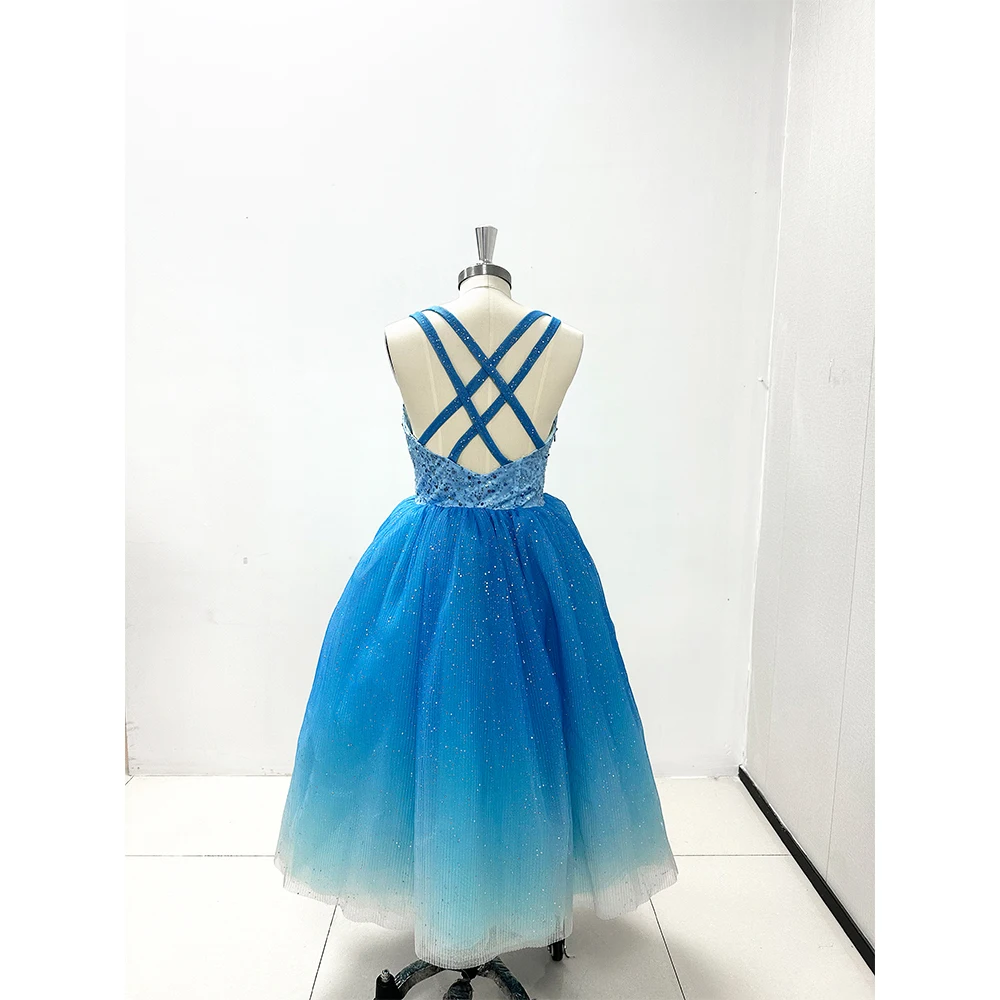 Blauwe gradiëntkleur Avondjurken met lovertjes glanzend O-hals mouwloze baljurken prom Robe Fashion theelengte feestjurken