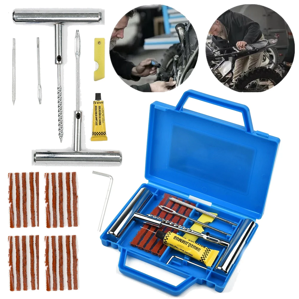 Juego de Herramientas para Reparación de Neumáticos, 30+15 Piezas, Tapones de Goma Resistentes con Lubricante, Mango en T, Cuchillo, para Reparación de Pinchazos en Autos y Motocicletas