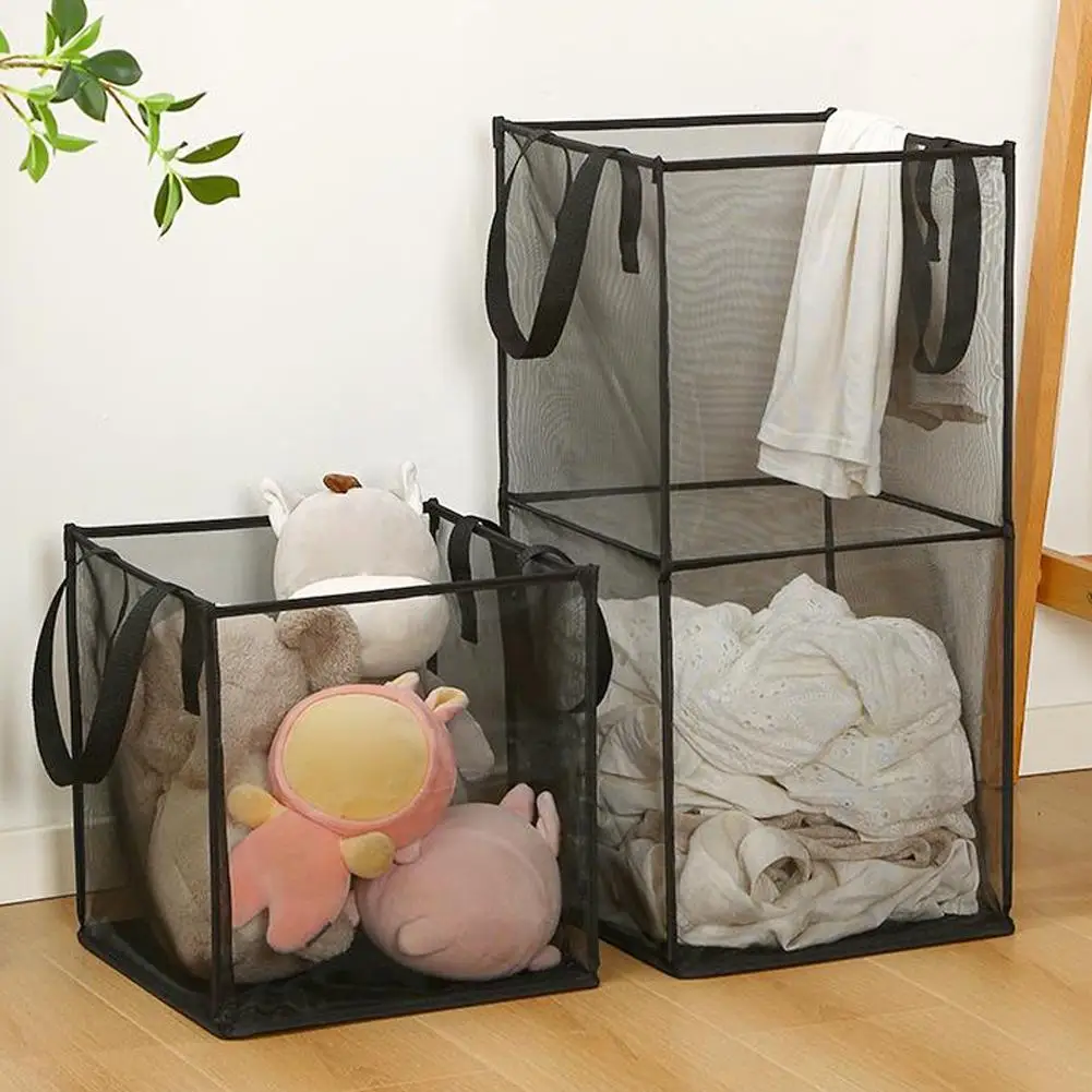 Foldable Square Mesh Laundry Basket Dirty Clothes Hamper Breathable Durable Large Capacity Collapsible Storage Bag Bathroom Home