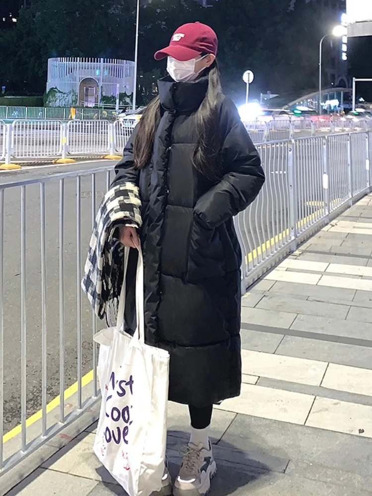 เสื้อโค้ทผู้หญิงสไตล์เกาหลี ผ้าฝ้าย แจ็คเก็ตฤดูหนาว ทรงยาว สไตล์ลำลอง ทรงขนมปัง เสื้อคลุมยาวคลุมเข่า ทรงหลวม สวมใส่สบาย