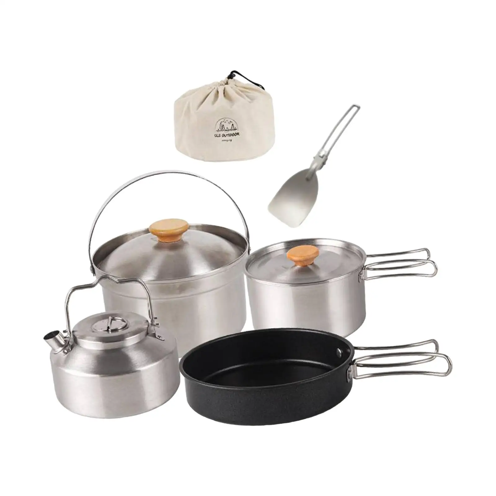 Camping Cookware Cook Gear Portable Nonstick Frying Pan, Teapot, Kettle Folding Handle for Hiking Campfire Dinner Travel Picnic view 3
