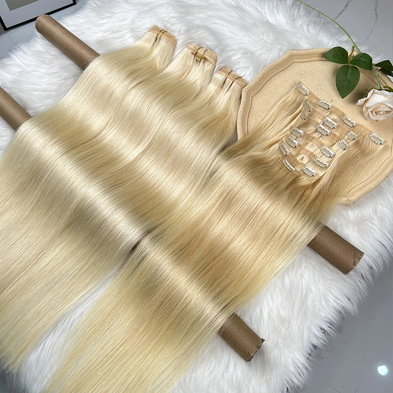 

#613 Blonde Straight Clip Ins Invisible Seamless PU Clip In Hair Extensions Human Hair Raw Virgin Hair Double Weft 7Pcs/Set 100g
