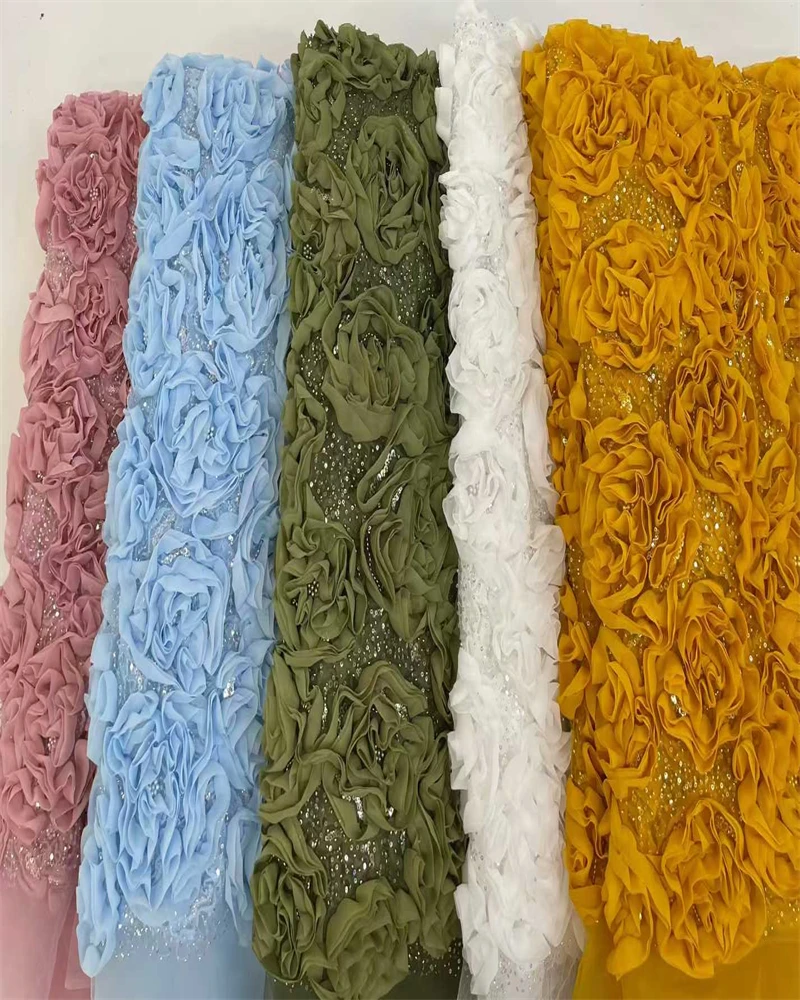 パール付き3Dフラワーレース生地、フランス刺繍チュール、アフリカ生地、ウェディングパーティードレス縫製、高品質