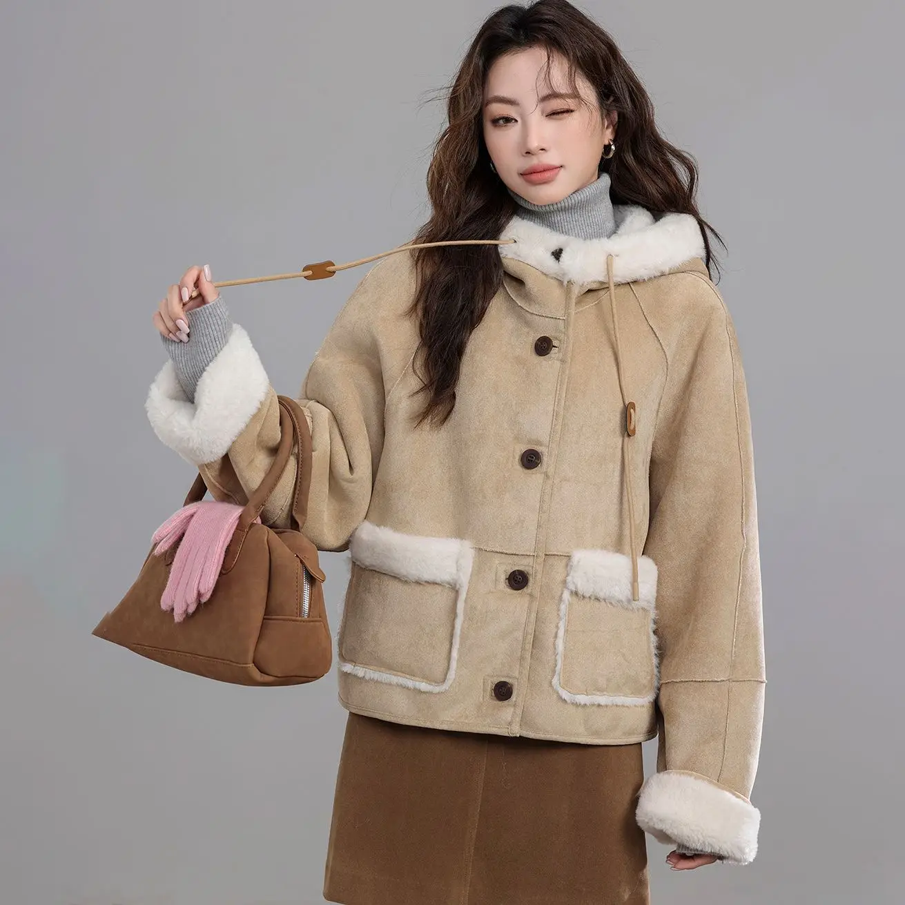 Korean style Khaki LambWool Coat Female Autumn Winter New Retro Velvet Padded Warm Hooded Jacket