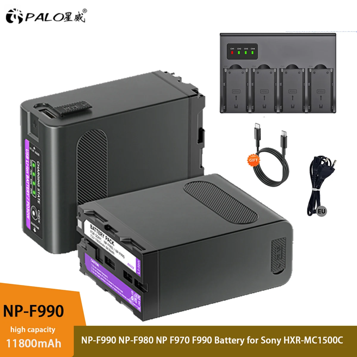 11800mAh NP-F990 NP-F980 F970 F960 Battery with LED Intelligent Fast Charger for Sony F750 F770 F330 F550 F570 F960 MC1500C 190P