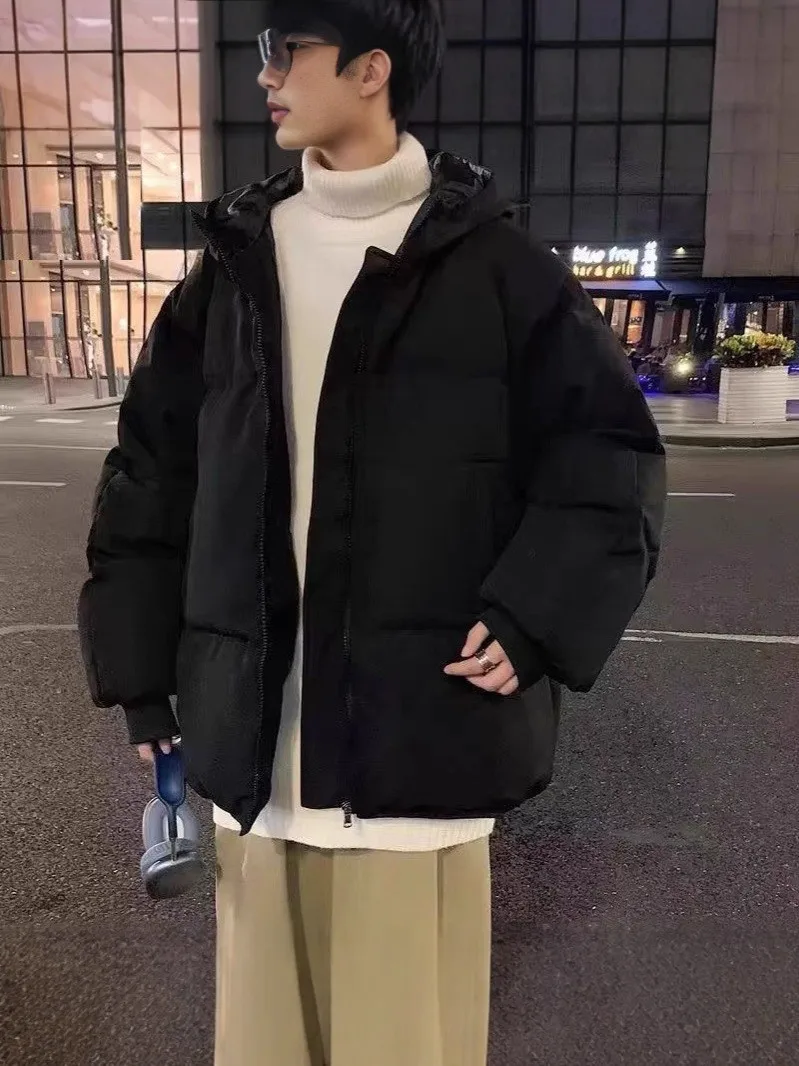 

Autumn Winter Loose Men's Cotton Jaet Pure Color Warmth Bread Cotton Coat Youth Faion Straight Hem Zipper Closure Long Sl...