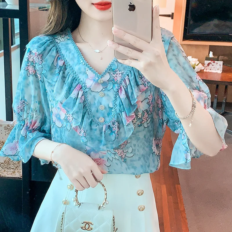 Women\'s Summer V-Neck Ruffles Button Lace Pullover Flower Print Pleated Fashion Petal Half Sleeve T-shirt Office Lady Tops