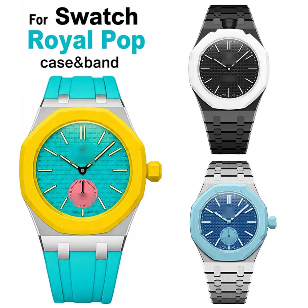 

Metal Case+Band For A-P Swatch Royal Pop Case Luxury Modification Kit, Fashion Protection, Stainless Steel + Silicone Strap