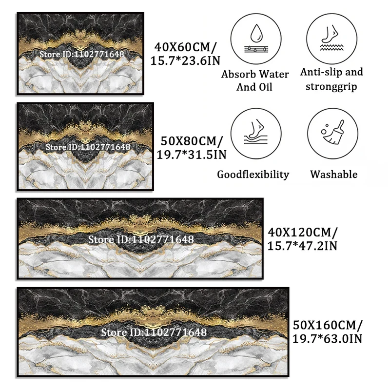 VIKAMA Black Gold Marble Kitchen Rug Set Anti-slip Water Oil Proof Washable Floor Mat for Kitchen Bedroom Bathroom