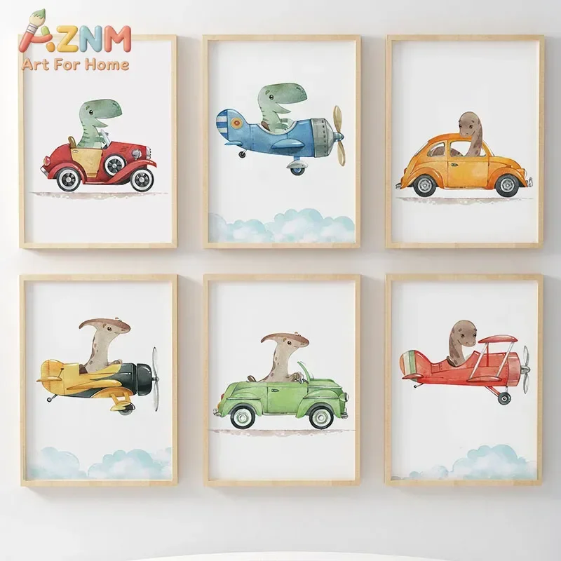AZNM Watercolor Cartoon Dinosaur Driving Car Airplane Canvas Wall Art Nursery Baby Kids Room Decor Poster Print Unframed