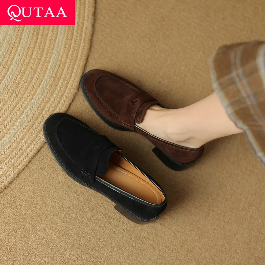 

QUTAA 2024 Low Heels Women Pumps Genuine Leather Round Toe Office Ladies Working Shoes Woman Loafers Spring Winter Size 34-41