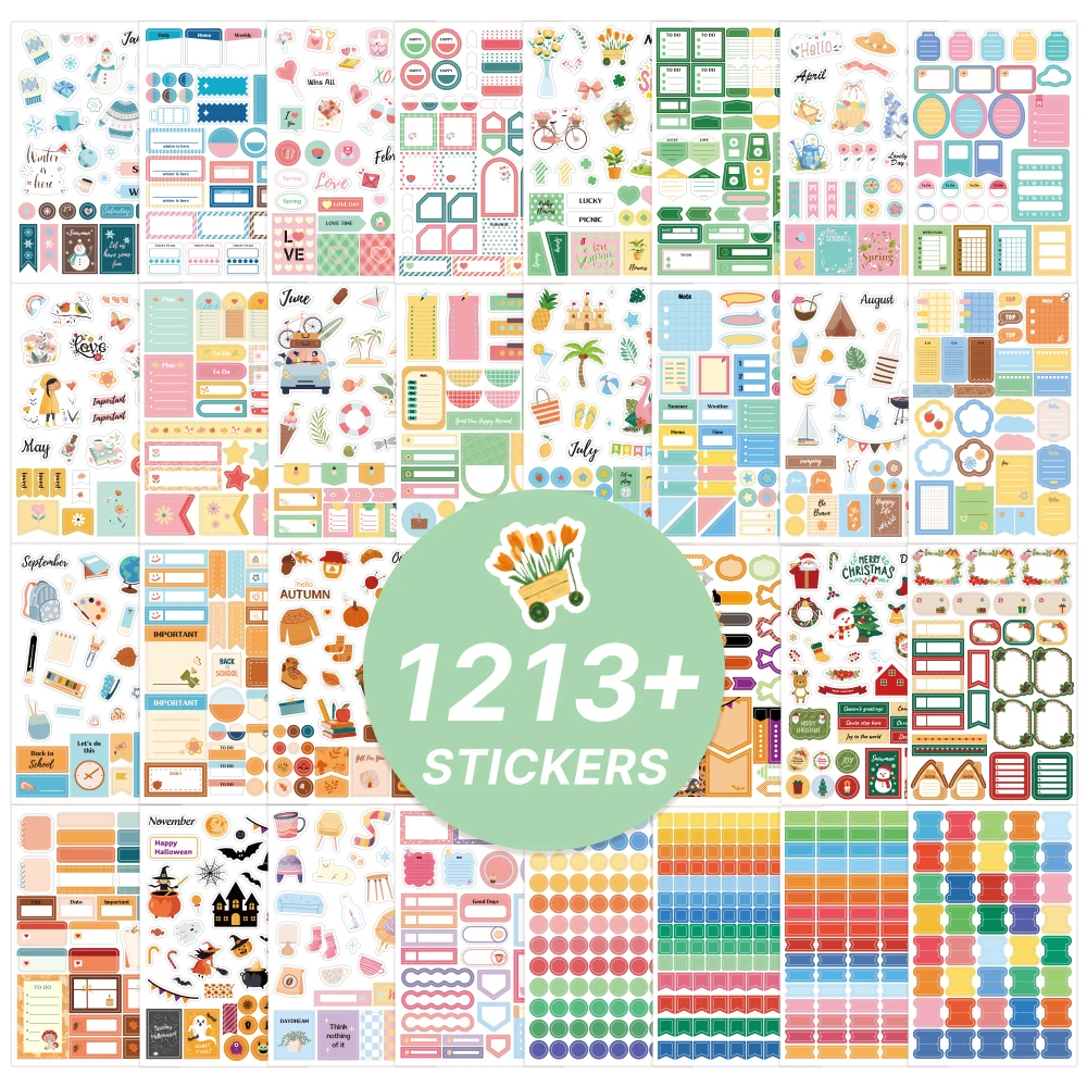 1213pcs Colorful Paper Label Sticker Book Daily Notes Marking Aesthetic Planning Coil Sticker Book Journal Scrapbooking Supplies