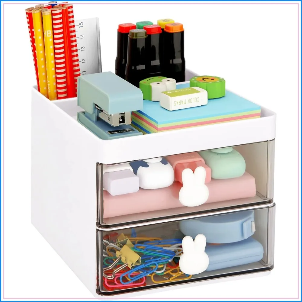 Small Desk Organizer With Drawer, Office Desktop Storage Box, Pen Pencil Holder, Stationery Organizer for Office School Home (White)