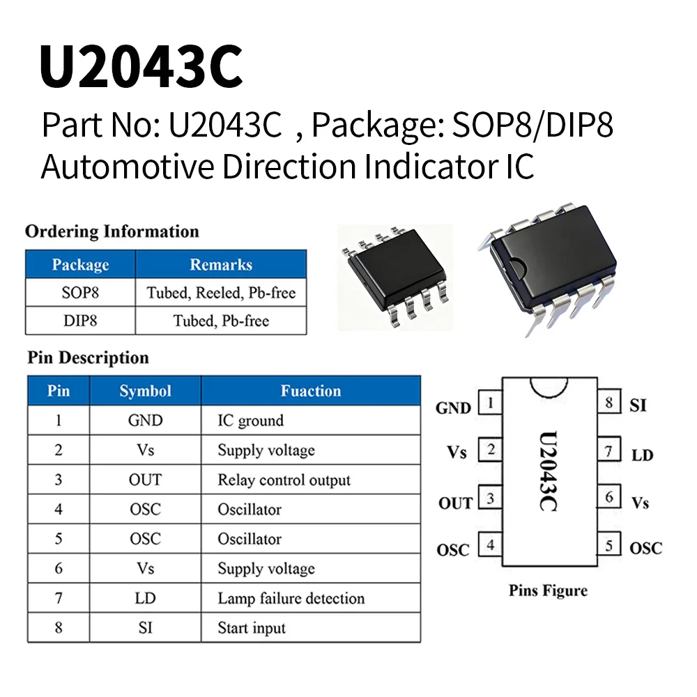 U2043C SOP8 U6043B Automotive Direction Indicator ASIC IC Integrated Circuit for Vehicle Electronics