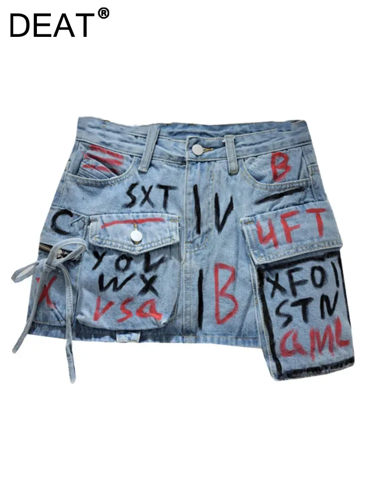 

DEAT Fashion Women's Graffiti Denim Skirt High Waist A-line Lace-up Multi Pockets Irregular Hem Summer 2024 New Tide 11XX8789