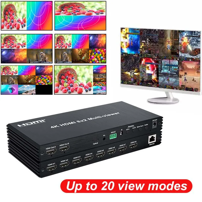 

4K 8x2 HDMI Multi-viewer 8 in 2 Out 2 3x1 4x1 5x1 6x1 7x1 8x1 HDMI Multiviewer Seamless Switch with PIP Optical 3.5mm Audio Out