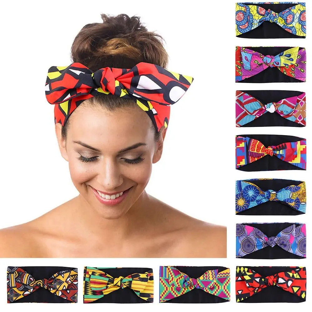 Vintage Wide African Print Headband Elastic Knotted Boho Hair Wrap Daily Wears Turban for Women