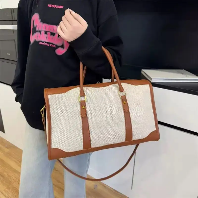 New Canvas Travel Luggage Bag for Women, Large Capacity Travel Crossbody Sports Fitness Bag, Cotton and Linen Small Fresh Style Handbag Travel Bag