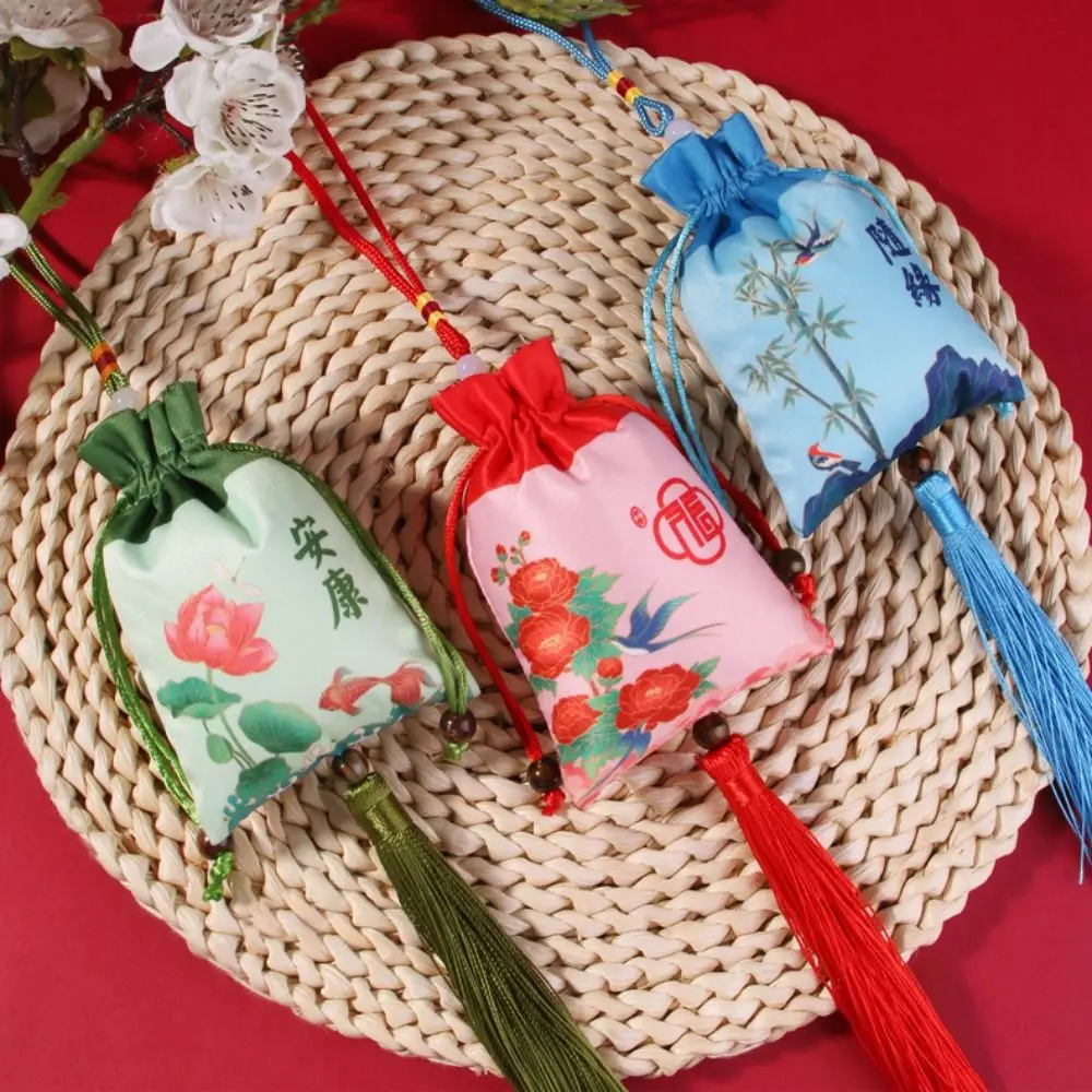 Bolso con cordón y borlas de flores florales, bolsa de bolsita de estilo chino con cuentas de pescado, bolso de lona de gran capacidad, bolso de flores étnicas