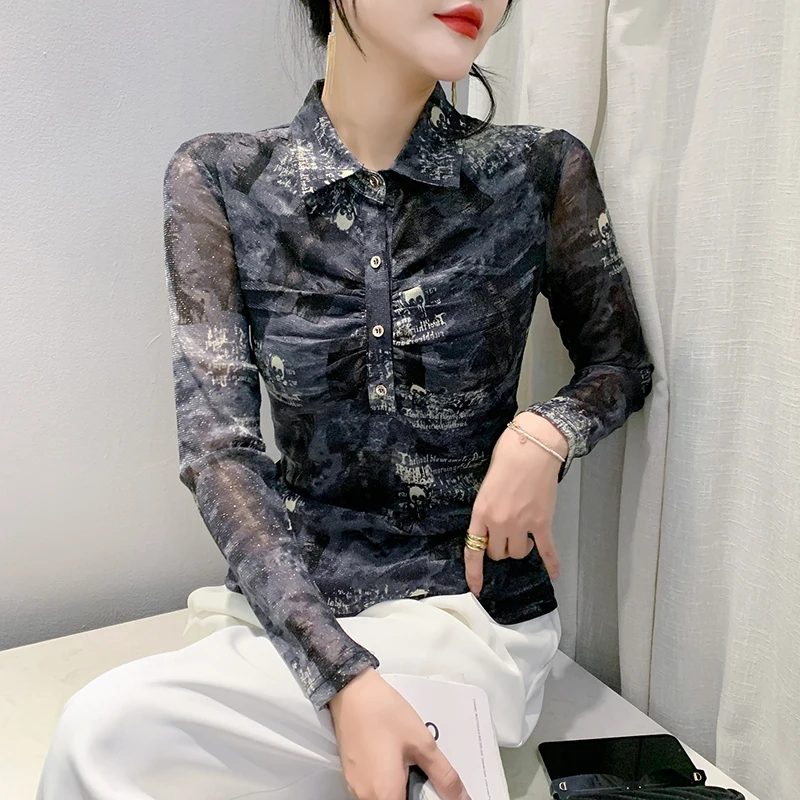 Winsleter Elegant Basic Shirts Long Sleeve Button Blouses Women Sexy Turn Down Collar Glide Print Slim Tops Autumn T39791JC