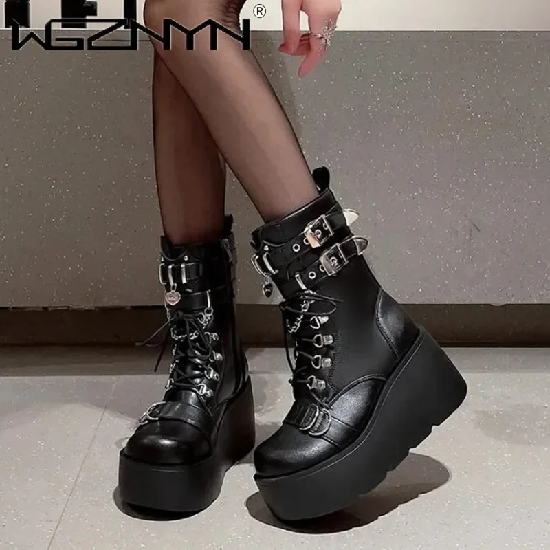 2024 Punk Gothic Platform Women's Ankle Boots Round Toe Chain Decor Wedges High Heels Short Booties Cosplay Lolita Shoes Girls