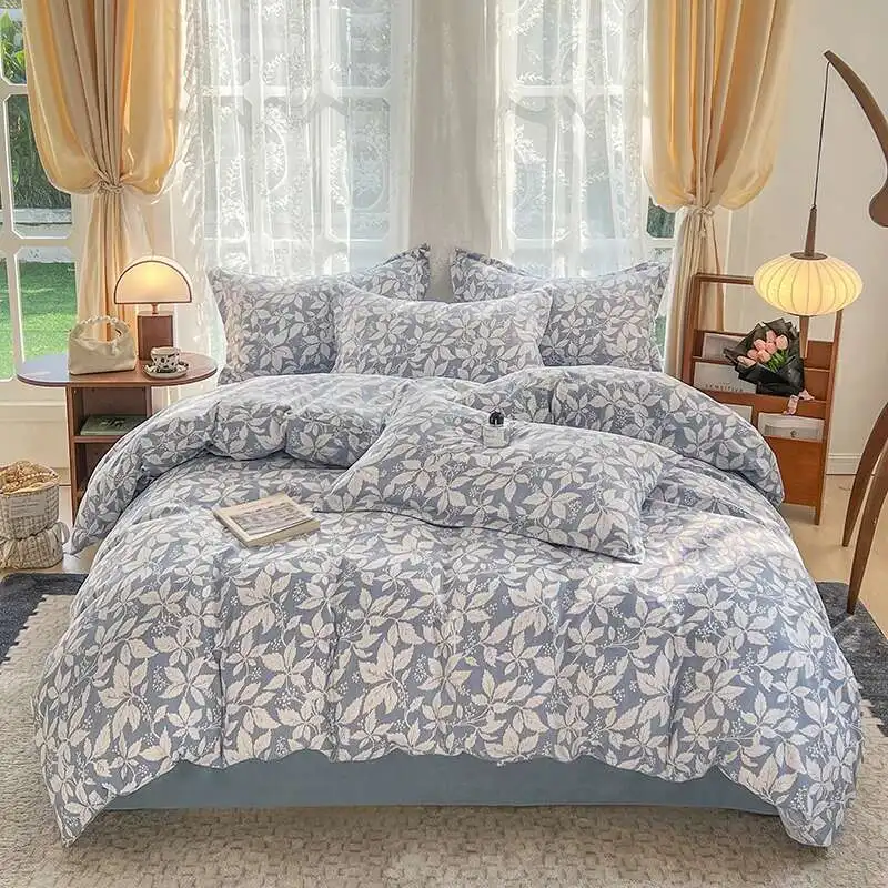 

Leaf Print Brushed Duvet Cover Bed Sheets Set Thicken Fabric Queen/King Size Bedding Cover Full Set For Double Bedding Linen Set