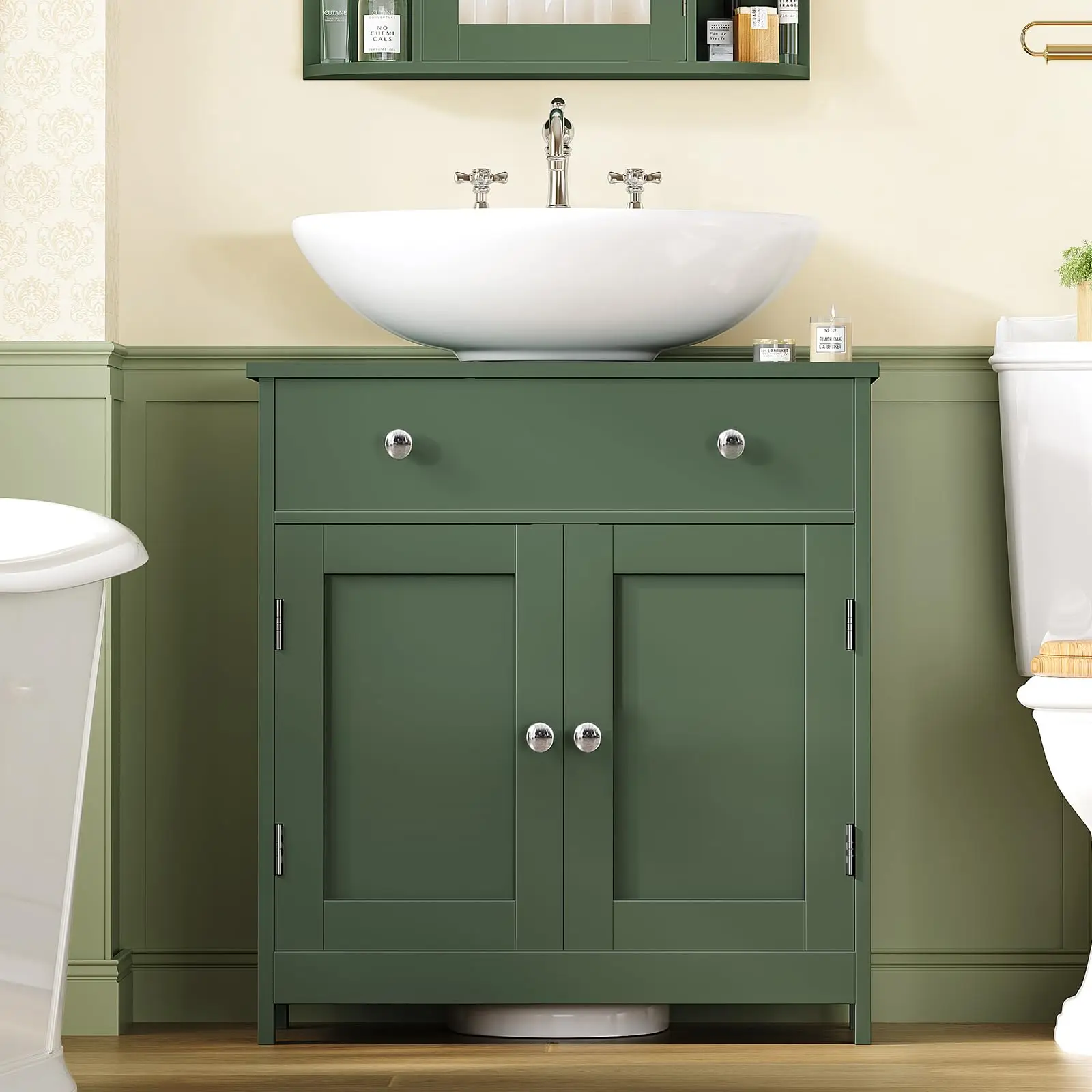 Pedestal Sink Storage Cabinet with 2 Doors and Drawer, Bathroom Sink Cabinet, Under Sink Cabinet with U-Shape Cut-Out