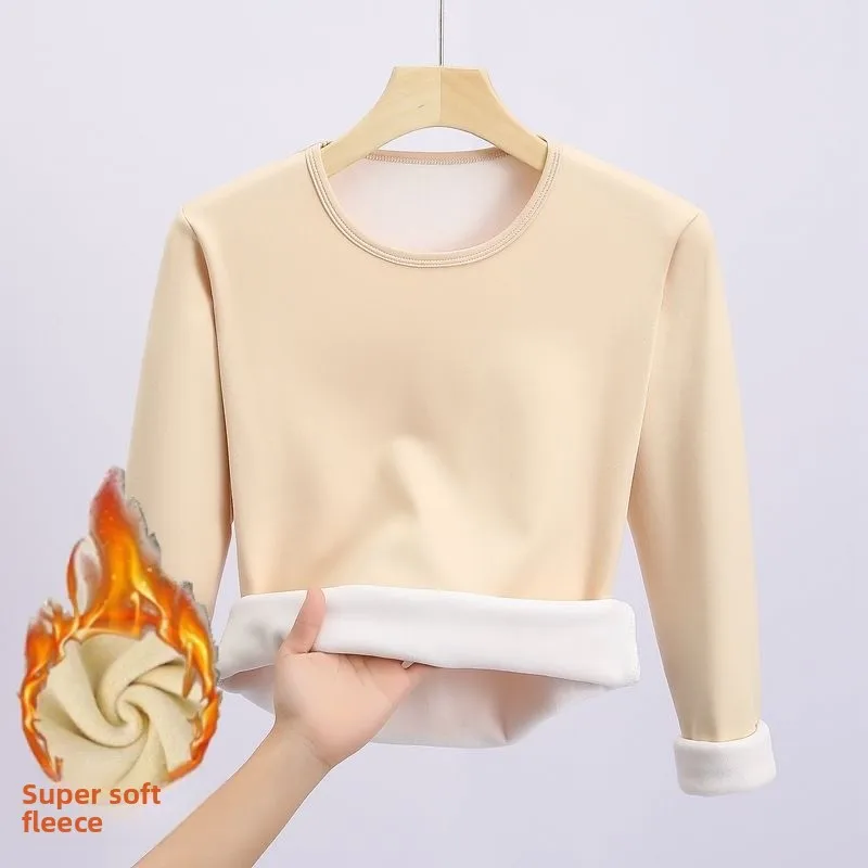 여성용 플리스 안감 슬림핏 보온 내의 라운드넥 긴팔 편안하고 통기성 좋은 베이스 레이어 셔츠