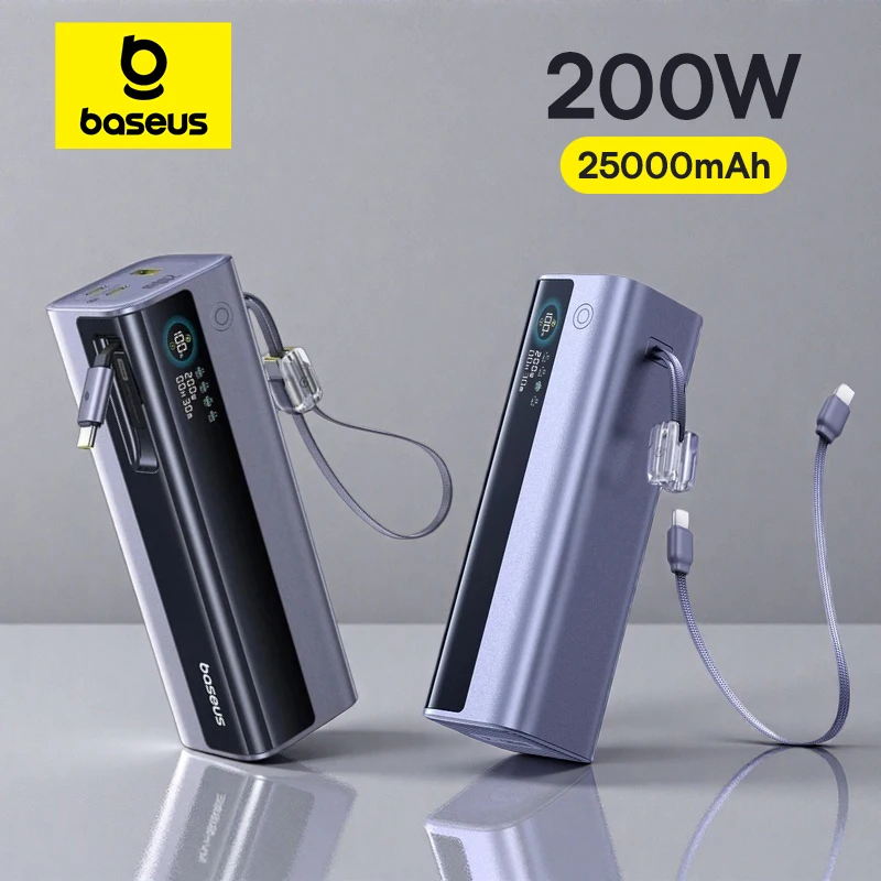 Baseus 200W 25000mAh Power Bank Dual Retractable USB-C Cables 4-Device Fast Charge Portable External Battery Charger For Laptop