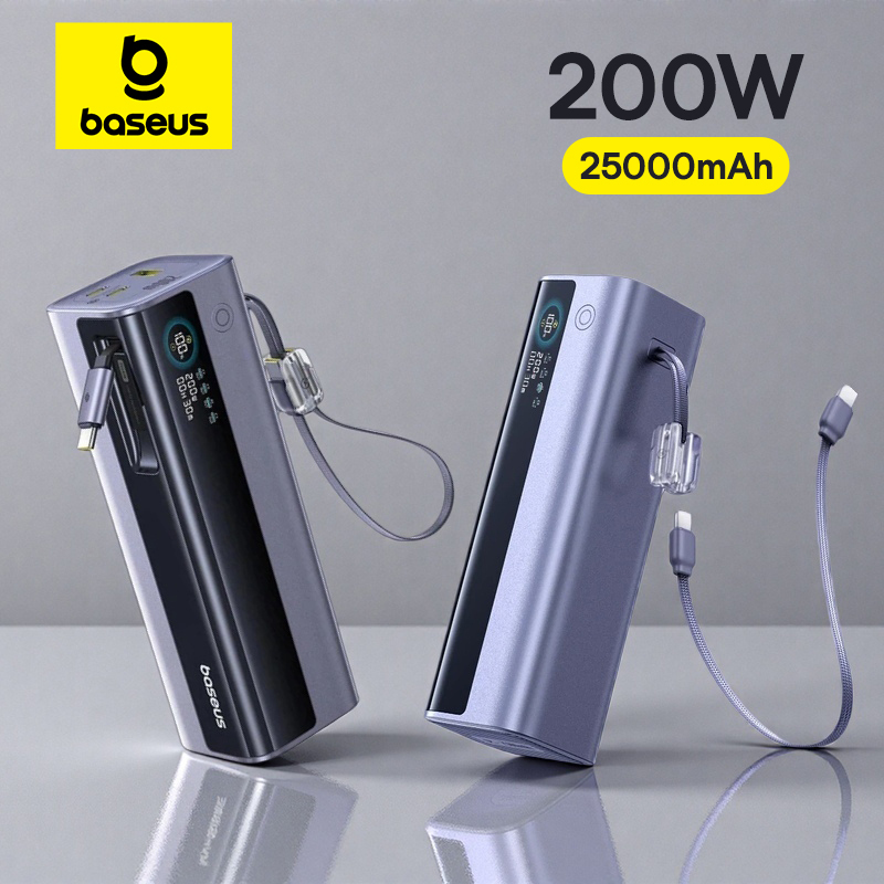  Baseus 200W 25000mAh Power Bank Dual Retractable USB-C Cables 4-Device Fast Charge Portable External Battery Charger For Laptop 