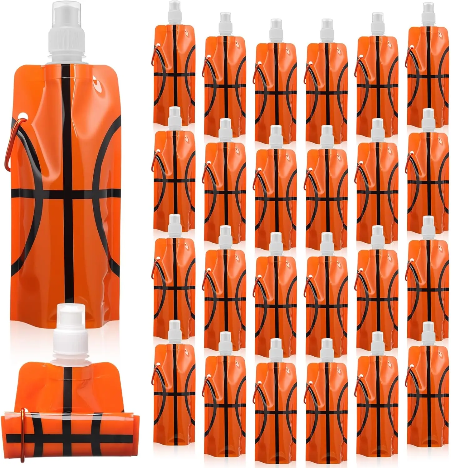 

24-Pack Collapsible 16 oz Water Bottles with Carabiner, Leak-Proof Sports Bottles for Team Gifts, Biking, Hiking - Basketball St