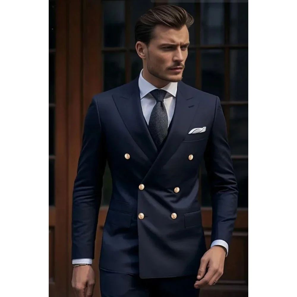 Men Suit Navy Blue Peak Lapel Double Breasted Elegant Groom Full Set 2 Piece Jacket Pants Skinny Costume Homme Terno