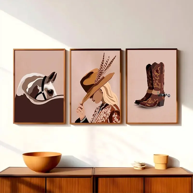 3pcs Western Bohemian Cowgirl Poster Horse and Cowboy Boots Vintage Aged Canvas Painting Bedroom Home Decor Frameless Wall Art