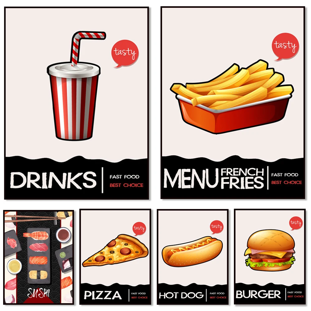 البطاطس المقلية والبرجر والبيتزا - ملصقات قماشية محبة للطعام مناسبة للمطابخ والمطاعم والديكور المنزلي.