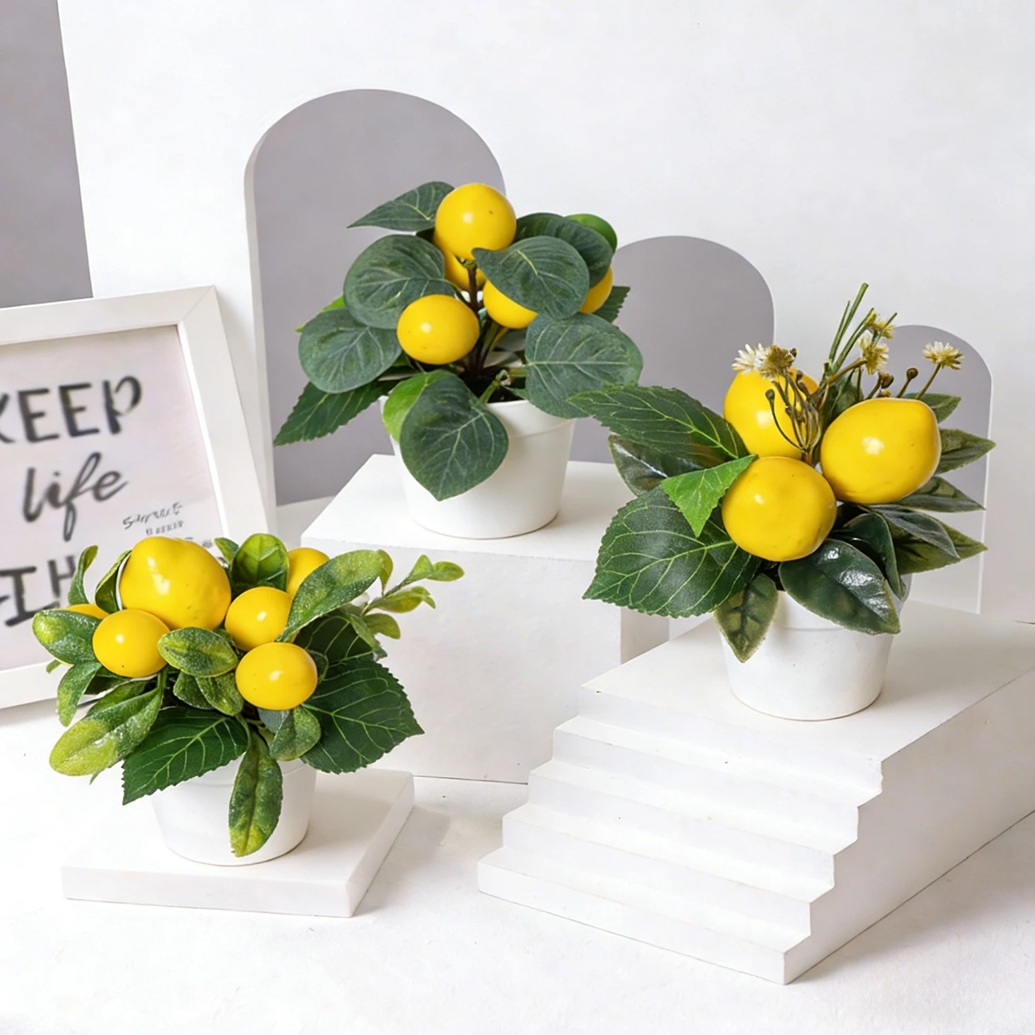 Artificial Lemon Plant Farmhouse Home Decor Mini Fake Etrogplants Mini Vases Tiered Tray Greenery Accessory(Lemon Style)
