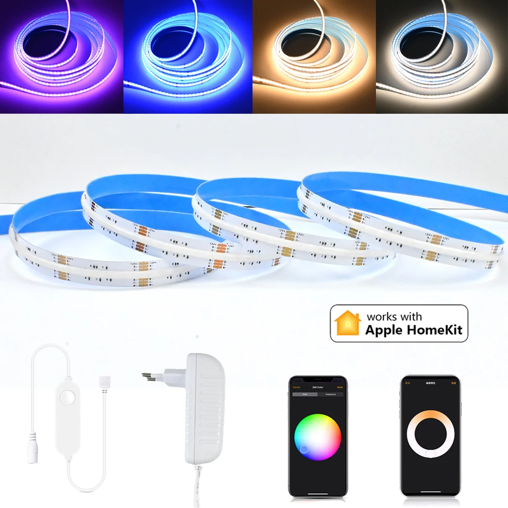 Homekit WiFi الذكية COB RGB + CCT Led قطاع ضوء 12 فولت 1 متر 2 متر 3 متر 4 متر 5 متر RGBCW عكس الضوء غرفة مصباح ديكور للحفلات عدة سيري التحكم الصوتي