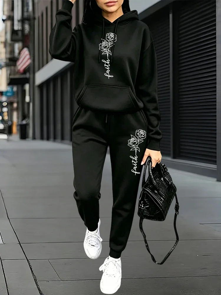 Faith Flower Tracksuit for Women Autumn Winter Daily Casual Sports Jogging Set Hoodies + Sweatpants Home Outdoor Comfort Outfits