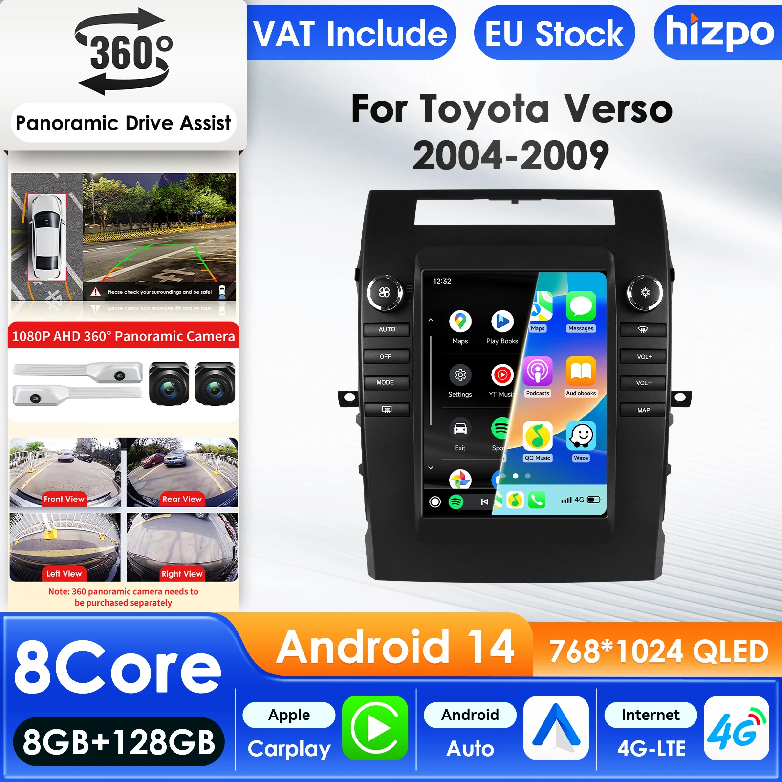 Hizpo Carplay Stereo Auto Radio Multimedia Video Player Auto Bildschirm Für Toyota Corolla Verso 2004-2009 Android Autoradio GPS BT