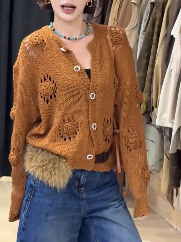 

Ele 3D Knitted Open Cardigan Faionable Large Size Autumn 2025 Women's Camere Long Sve Color Commute Sle