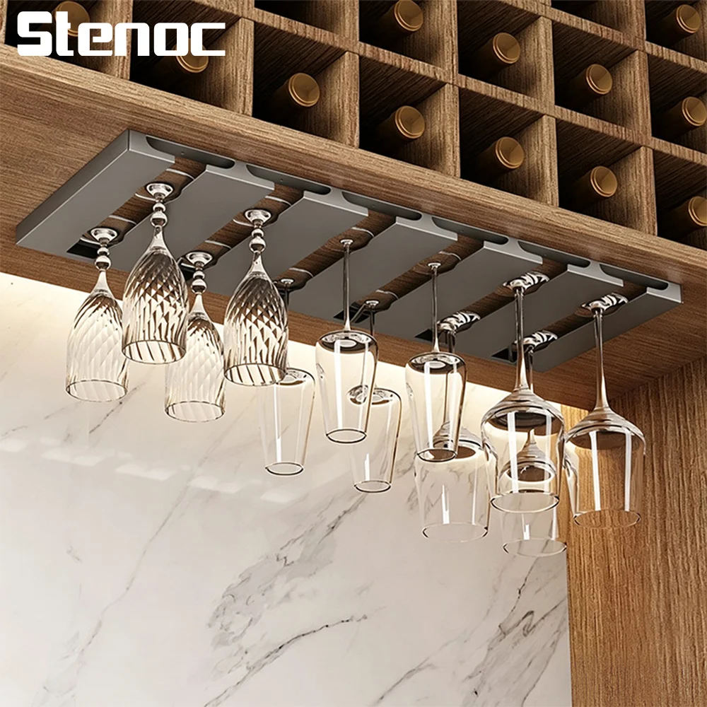 Grey Under Cabinet Stainless Steel Wine Glass Holder Single-Layer Kitchen Cabinet Organizer Mount Shelf Glass Cup Hanging Holder