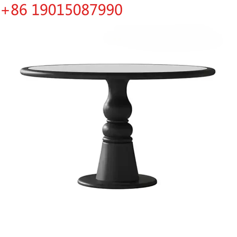 

Retro cream style round dining table household with turntable Italian simple black rock slab round table