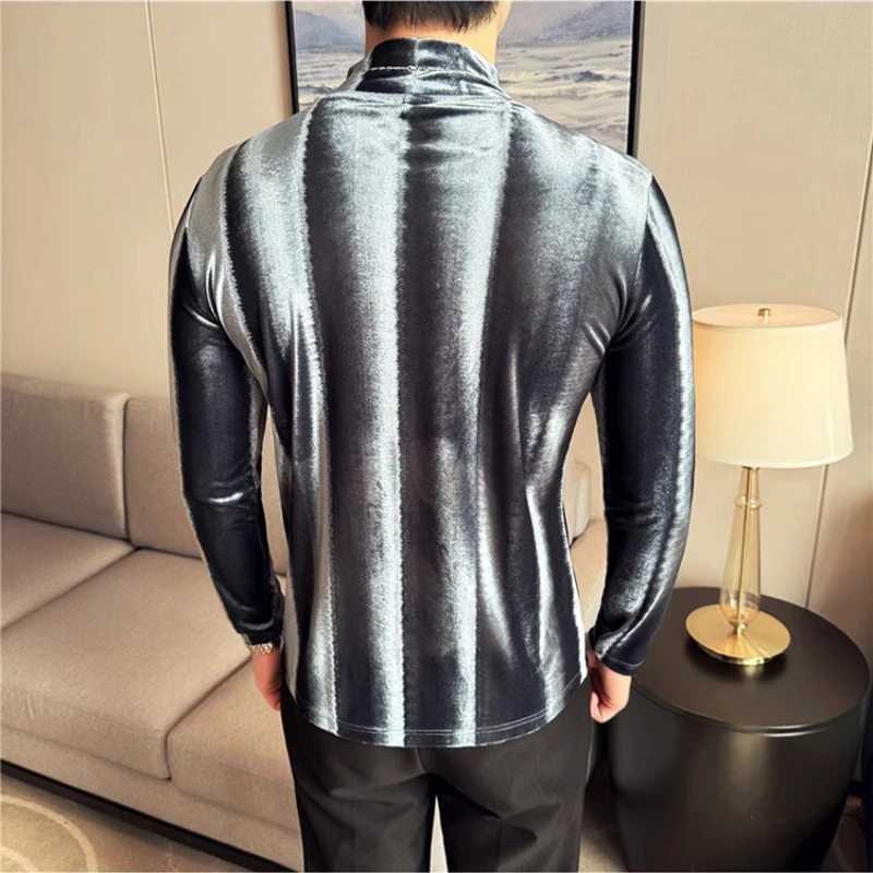 Fashion Striped Golden Velvet Slim-fit Stretch Men's Base Layer, Youth Semi-turtleneck Warm T-shirt. M-4XL