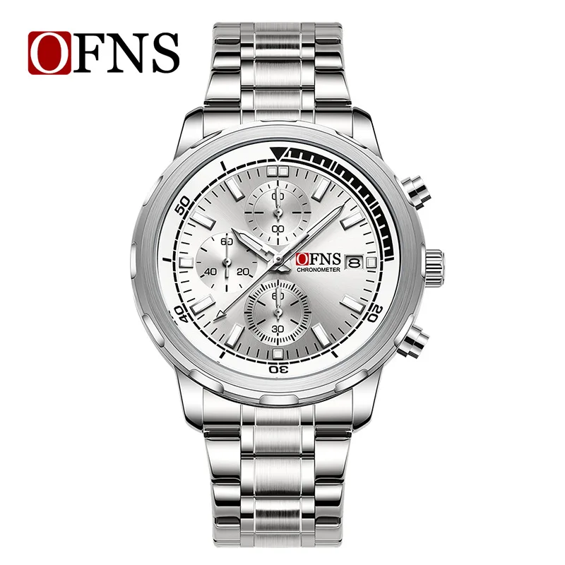OFNS 2025 Nuovo orologio da uomo d'affari e per il tempo libero con tre occhi, movimento al quarzo a sei aghi, display con luce notturna impermeabile 3ATM