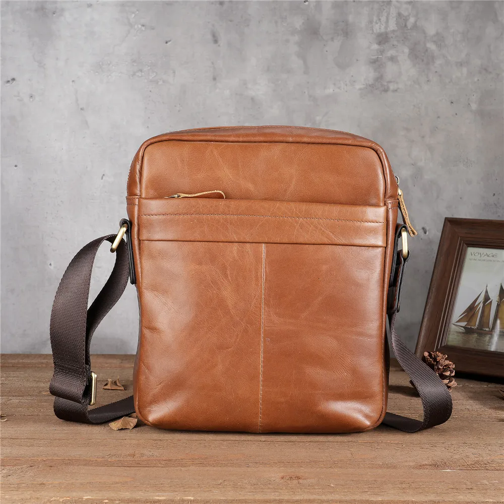9001 Men's Genuine Leather Single Shoulder Tablet Bag, Retro Oil Wax Top Layer Cowhide Large Capacity Crossbody Bag